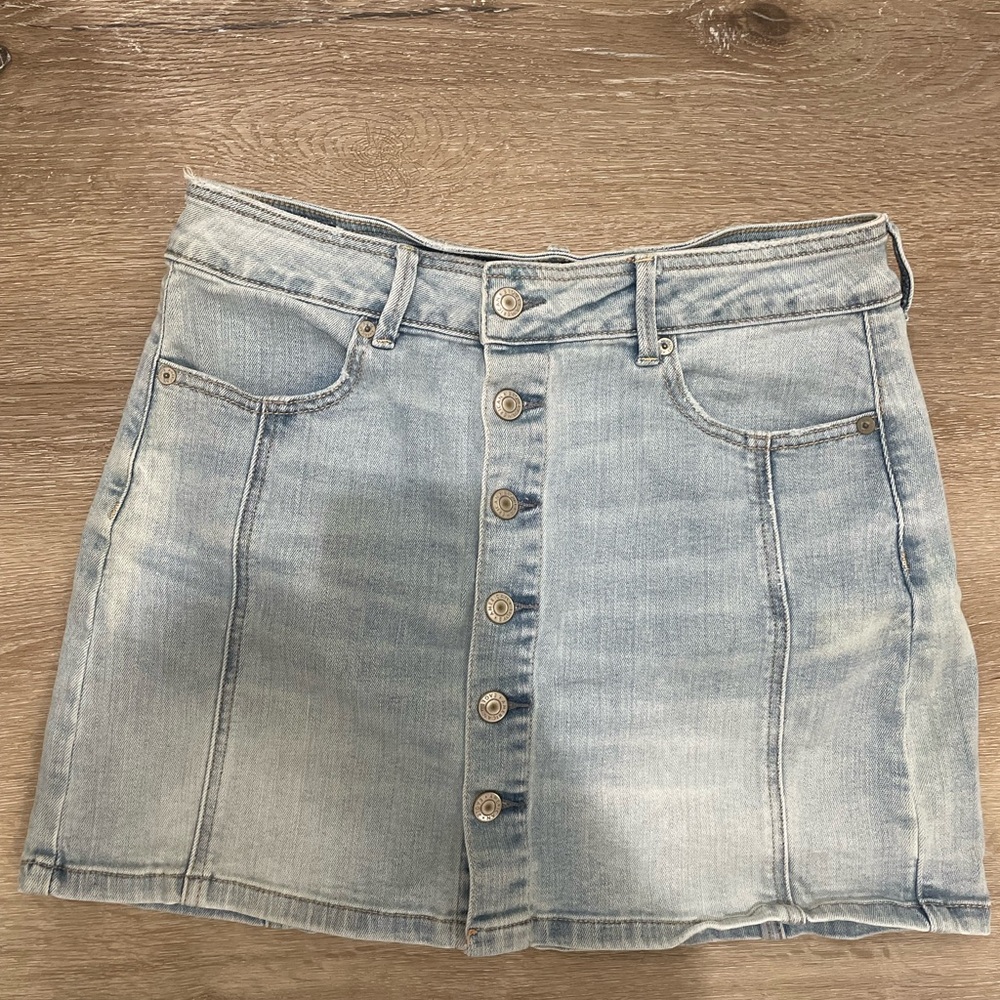 American Eagle the Hi-Rise A-Line Denim Button-Up Mini Skirt